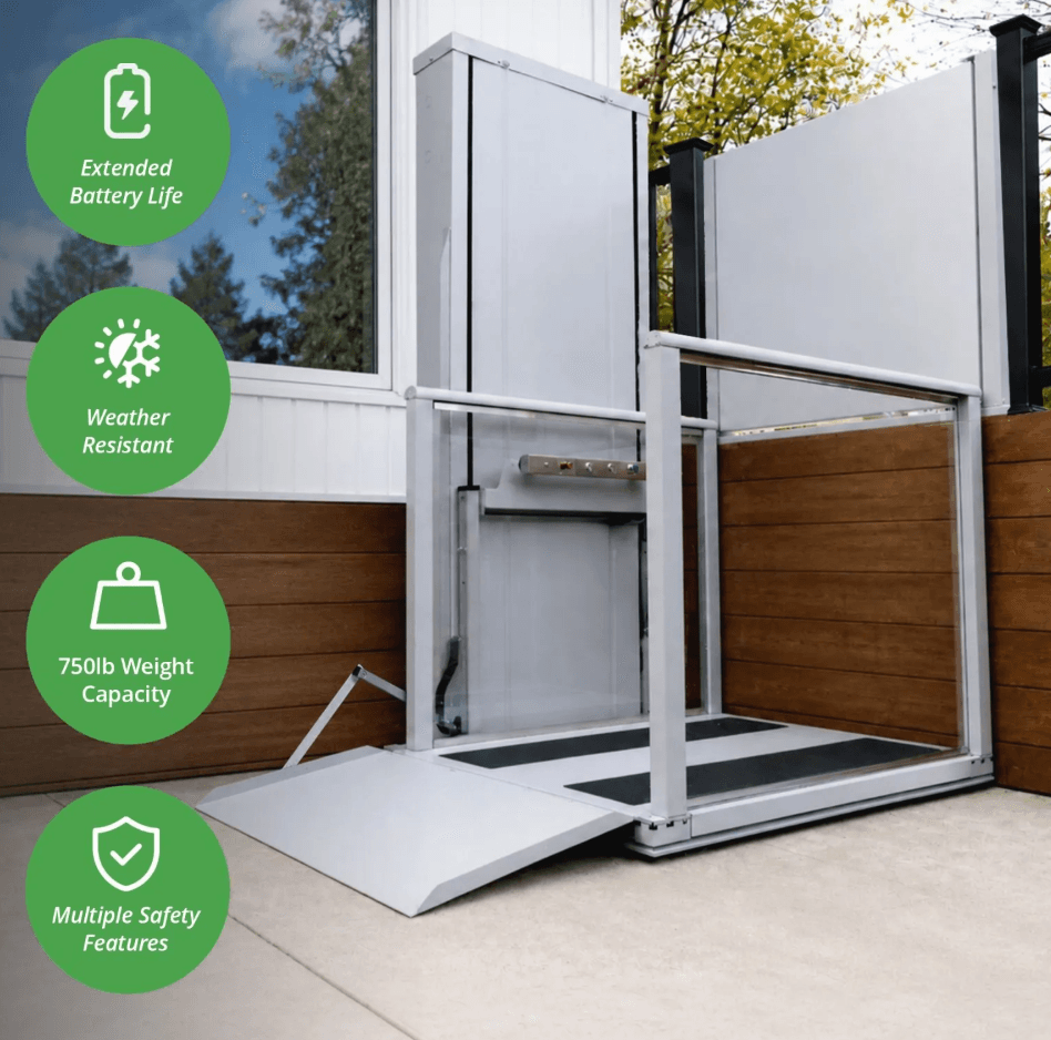 Atlas Hercules 750 vertical platform lift installed at a residential deck entry